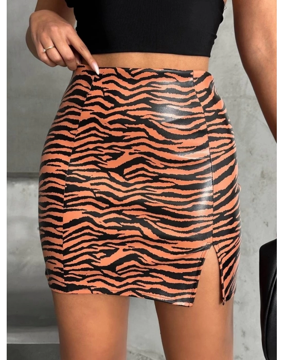 Tek Yırtmaçlı Zebra Desenli Deri Etek Kahvesiyah W24475-s