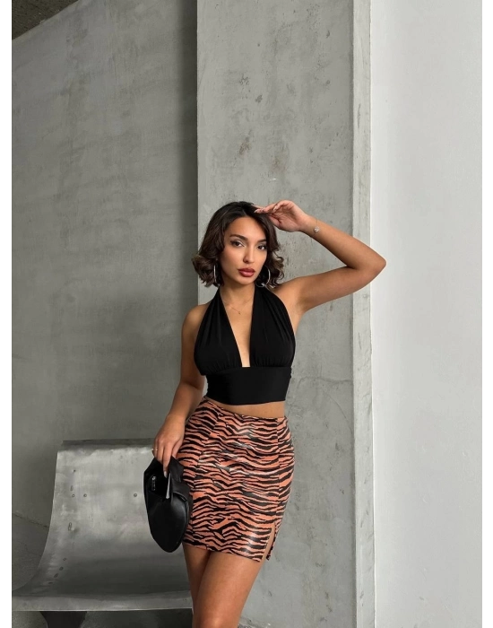 Tek Yırtmaçlı Zebra Desenli Deri Etek Kahvesiyah W24475-s
