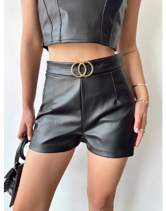 Tokalı Deri Şort Siyah S24444