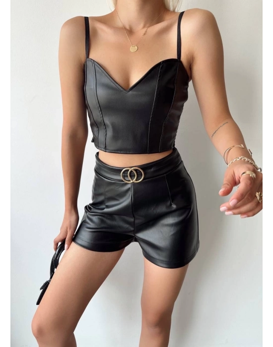 Tokalı Deri Şort Siyah S24444