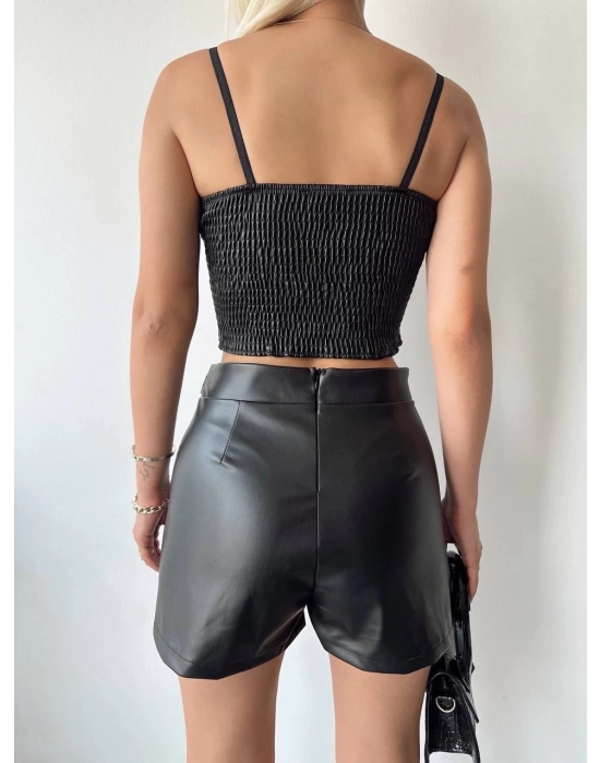 Tokalı Deri Şort Siyah S24444