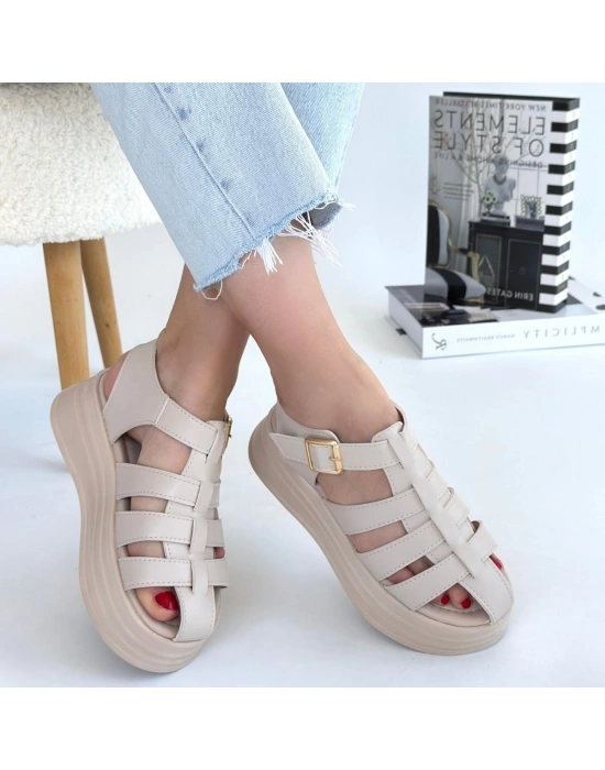 Toten Bej Cilt Kemerli Sandalet - Bamido