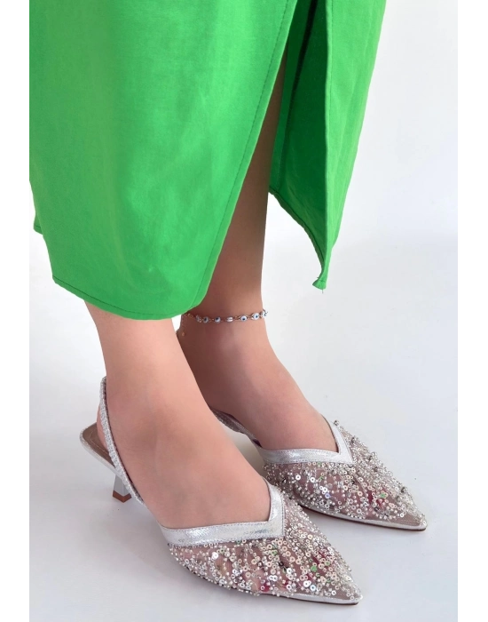 Toyi Gümüş Saten Topuklu Ayakkabı