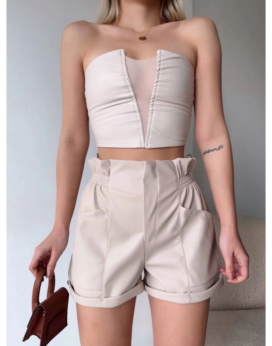 Tüllü Deri Crop Bej W24615