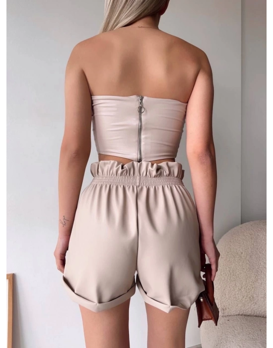 Tüllü Deri Crop Bej W24615