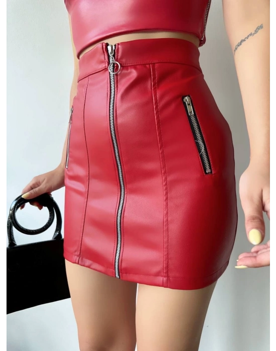 Üç Fermuarlı Deri Etek Bordo S24510