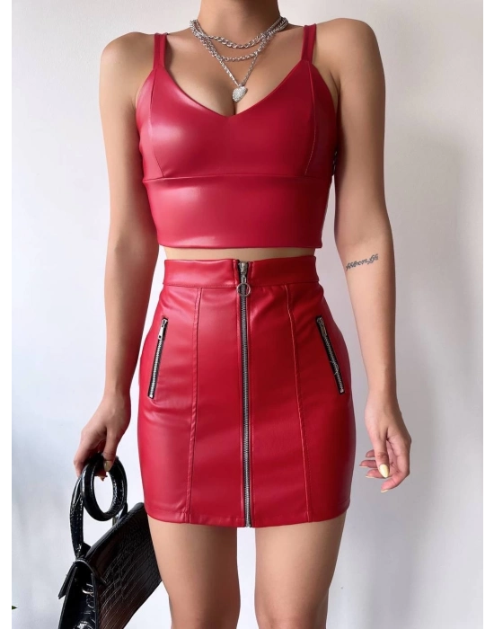 Üç Fermuarlı Deri Etek Bordo S24510