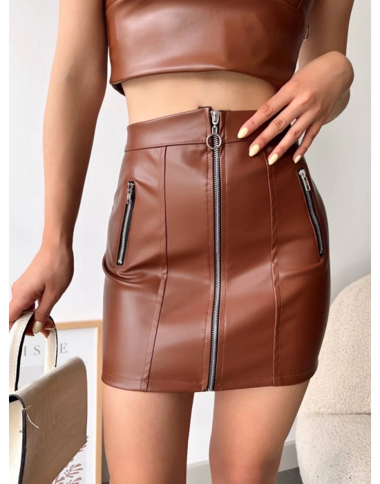 Üç Fermuarlı Deri Etek Kahve S24510