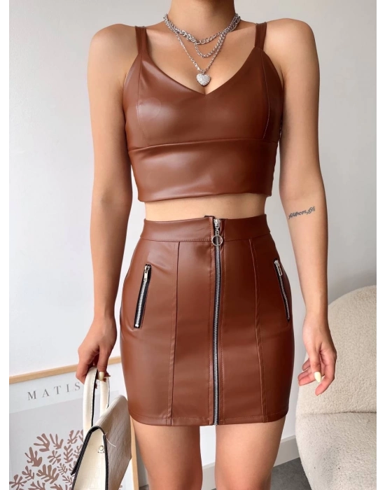 Üç Fermuarlı Deri Etek Kahve S24510