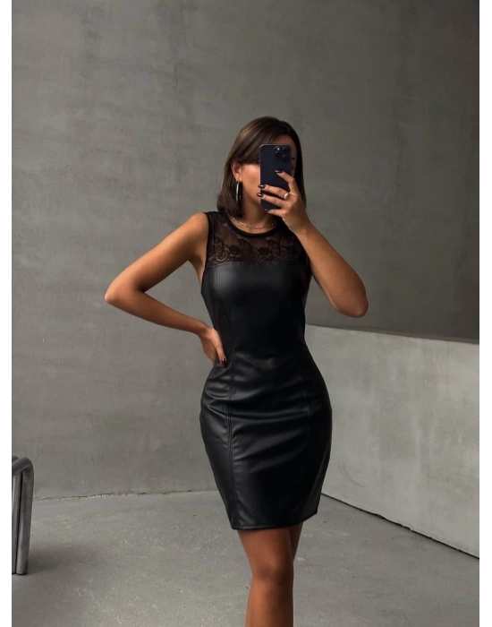 Üstü Dantelli Straplez Deri Elbise Siyah W24421