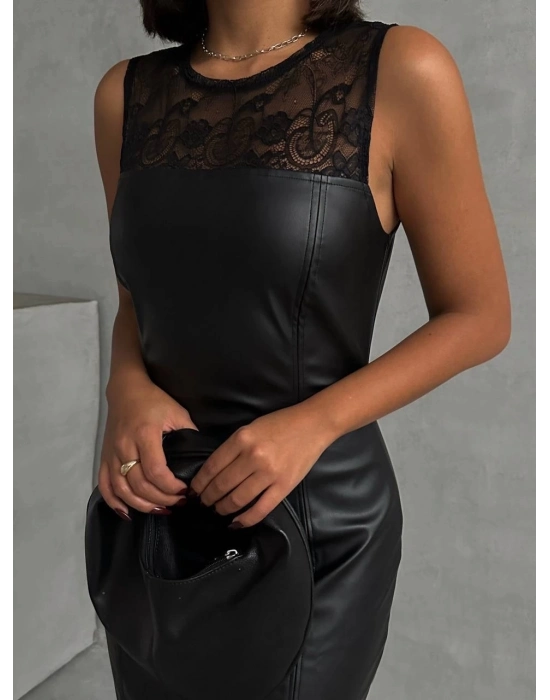 Üstü Dantelli Straplez Deri Elbise Siyah W24421