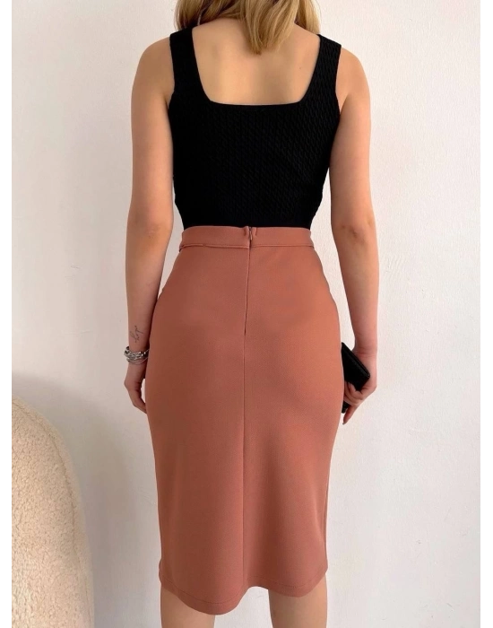 Uzun Midi Boy Yırtmaçlı Etek Somon S24907