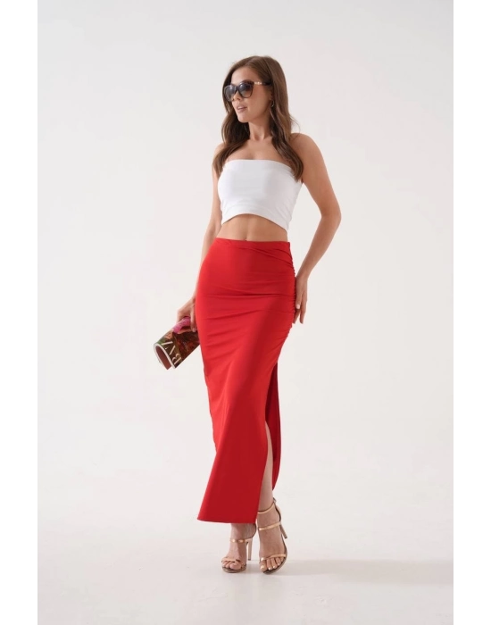 Uzun Yırtmaçlı İnce Kumaş Etek Kırmızı