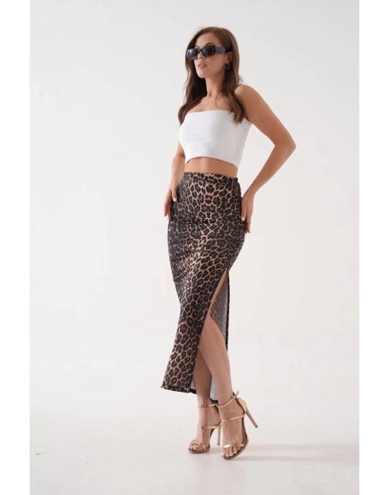 Uzun Yırtmaçlı İnce Kumaş Etek Leopar
