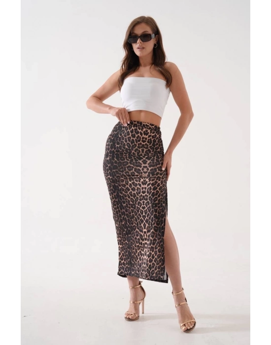 Uzun Yırtmaçlı İnce Kumaş Etek Leopar