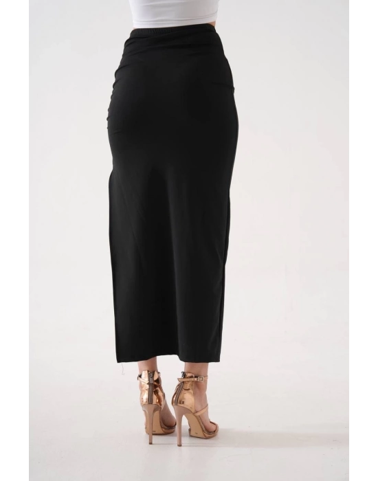 Uzun Yırtmaçlı İnce Kumaş Etek Siyah