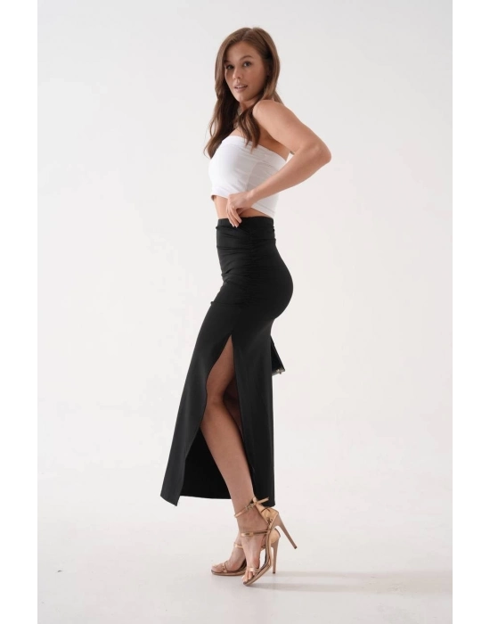 Uzun Yırtmaçlı İnce Kumaş Etek Siyah