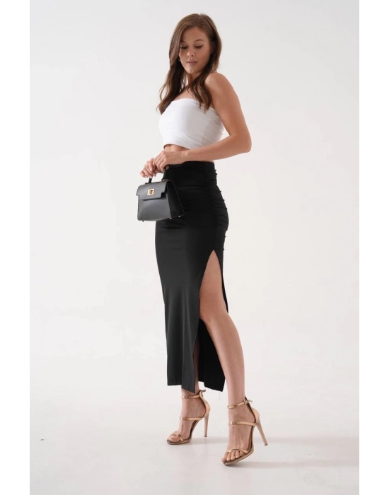 Uzun Yırtmaçlı İnce Kumaş Etek Siyah