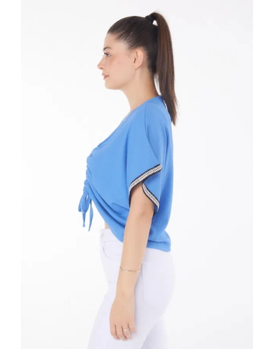 V Yaka Büzgülü Detaylı Bluz