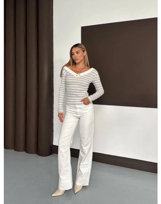 V Yaka Kol Ve Yaka Düğmeli Bluz Gribeyaz A4047