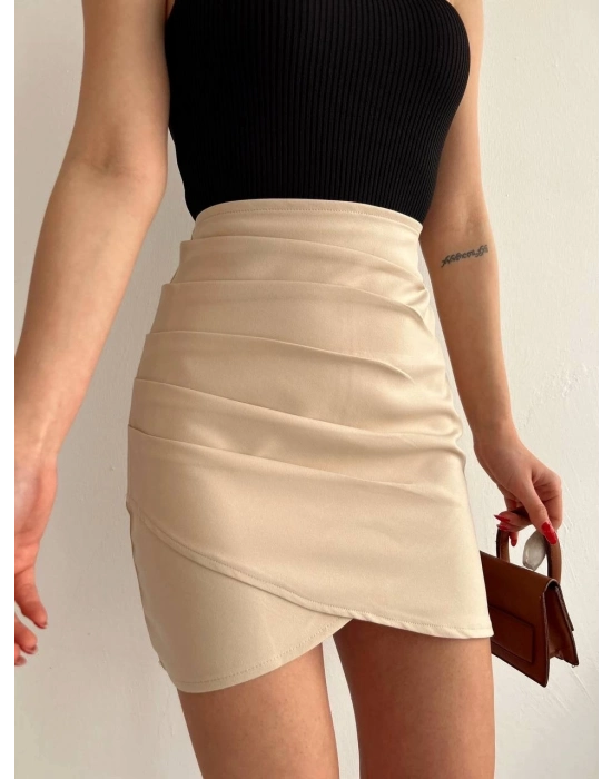 Yandan Drapeli Asimetrik Etek Bej S24771