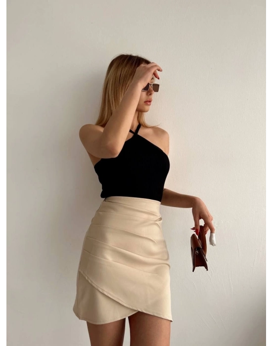 Yandan Drapeli Asimetrik Etek Bej S24771