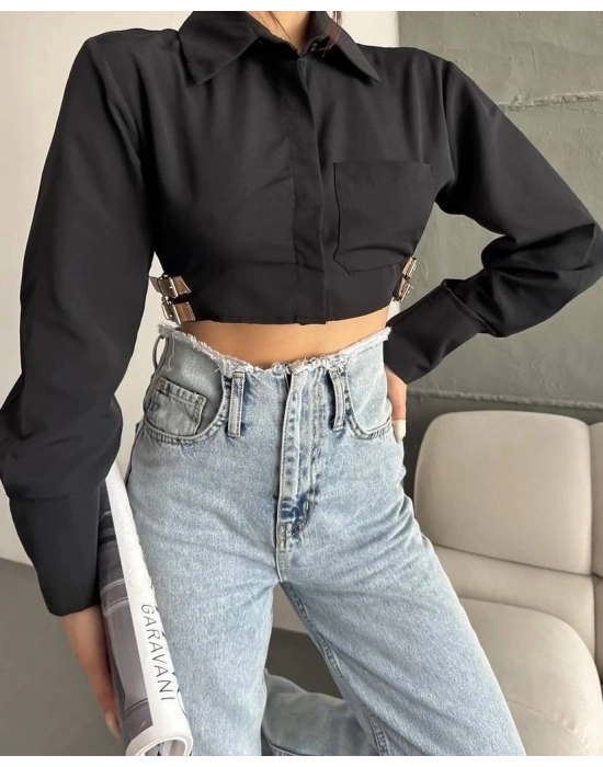Yanı Kemer Detaylı Crop Gömlek Siyah S4009