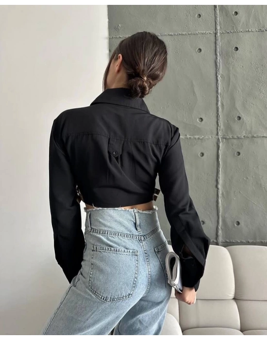 Yanı Kemer Detaylı Crop Gömlek Siyah S4009