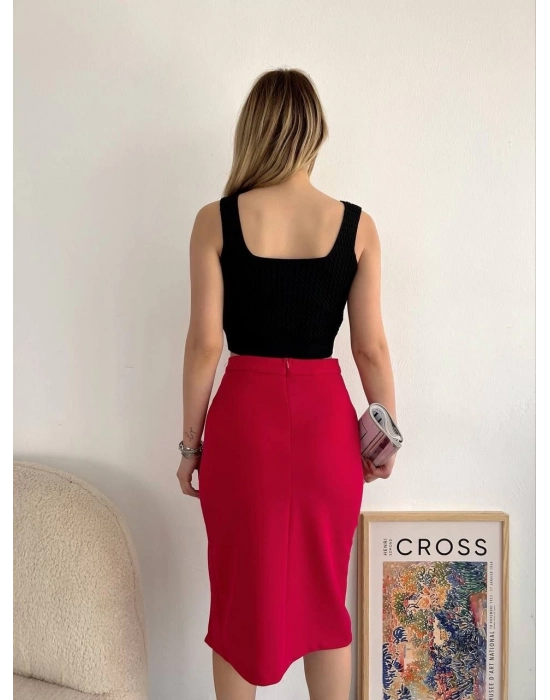 Yırtmaçlı Esnek Kumaş Midi Boy Etek Koyu Kırmızı