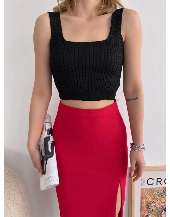 Yırtmaçlı Esnek Kumaş Midi Boy Etek Koyu Kırmızı