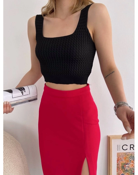 Yırtmaçlı Esnek Kumaş Midi Boy Etek Koyu Kırmızı