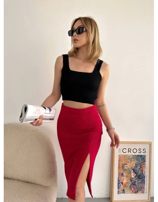 Yırtmaçlı Esnek Kumaş Midi Boy Etek Koyu Kırmızı