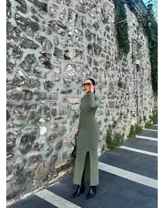 Yırtmaçlı Kalın Bürümcük Uzun Elbise Yeşil