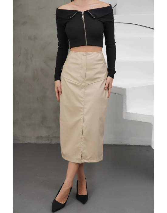 Yırtmaçlı Uzun Deri Etek Bej