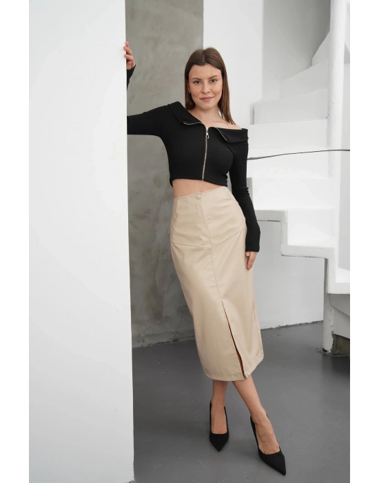 Yırtmaçlı Uzun Deri Etek Bej