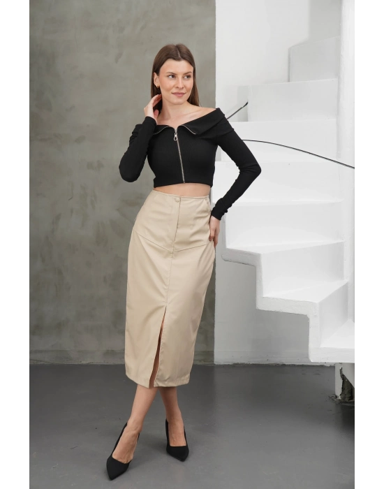 Yırtmaçlı Uzun Deri Etek Bej