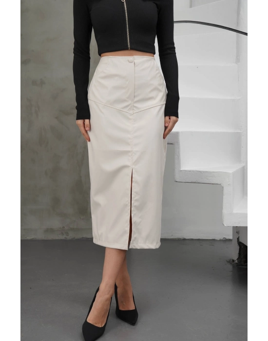 Yırtmaçlı Uzun Deri Etek Krem