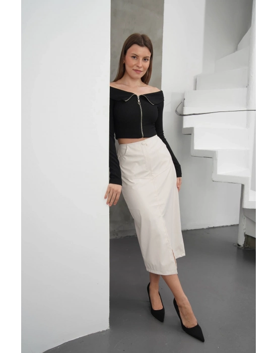 Yırtmaçlı Uzun Deri Etek Krem