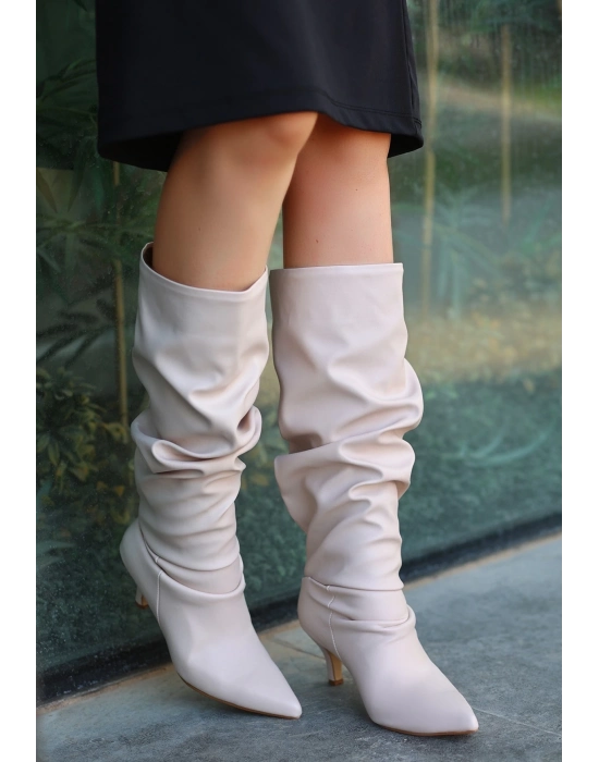 Zelya Bej Cilt Topuklu Çizme