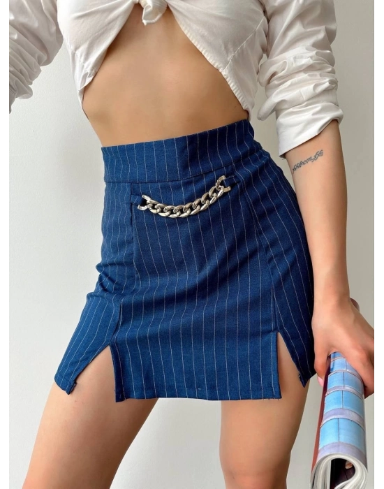 Zincir Detaylı Çizgili Şort Etek