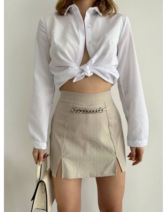 Zincir Detaylı Çizgili Şort Etek