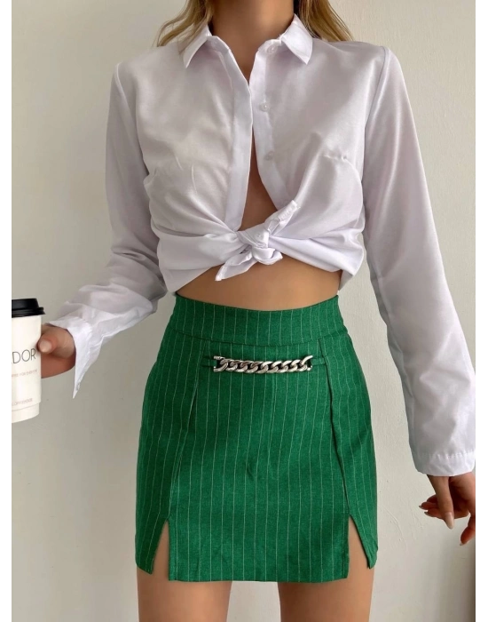 Zincir Detaylı Çizgili Şort Etek