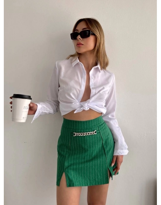 Zincir Detaylı Çizgili Şort Etek