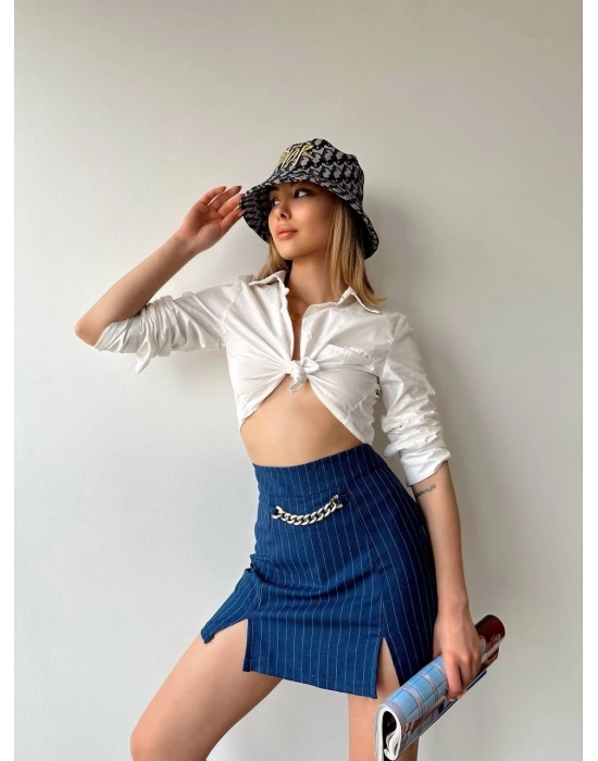 Zincir Detaylı Çizgili Şort Etek