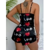 Bamido Aşk Temalı Kalp Desenli Siyah Saten Şortlu Gecelik Takım