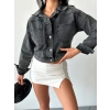 Çift Cepli Kol Katlamalı Süper Taş Enzim Yıkama Crop Kot Ceket Füme D2000