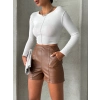 Parçalı Cepli Deri Şort Taba W26312
