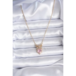 316l Çelik Gold Zincir Pembe Kristal Kalp Model Zirkon Taşlı Kurdele Model Kadın Kolye - Bamido