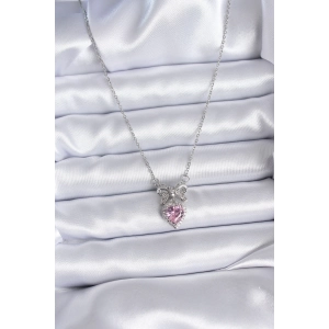 316l Çelik Gümüş Renk Zincir Pembe Kristal Kalp Zirkon Taşlı Kurdele Model Kadın Kolye - Bamido