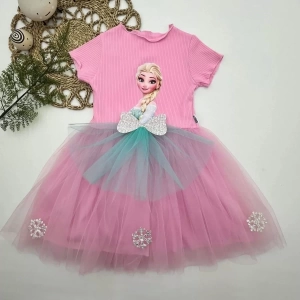 5-6-7 Yaş Elsa Desenli Fiyonklu Tül Etekli Astarlı Kısa Kollu Kız Çocuk Tütü Elbise Pembe